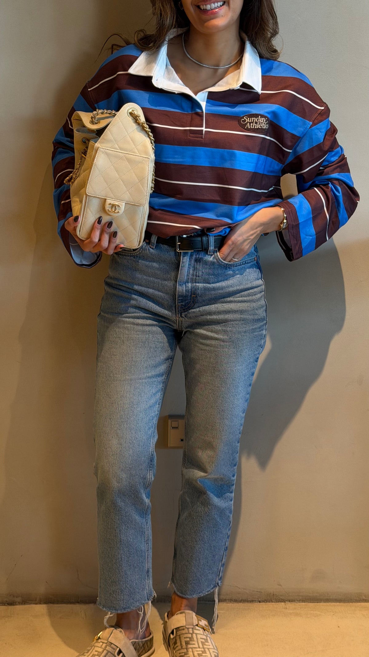 blue and brown rugby shirt