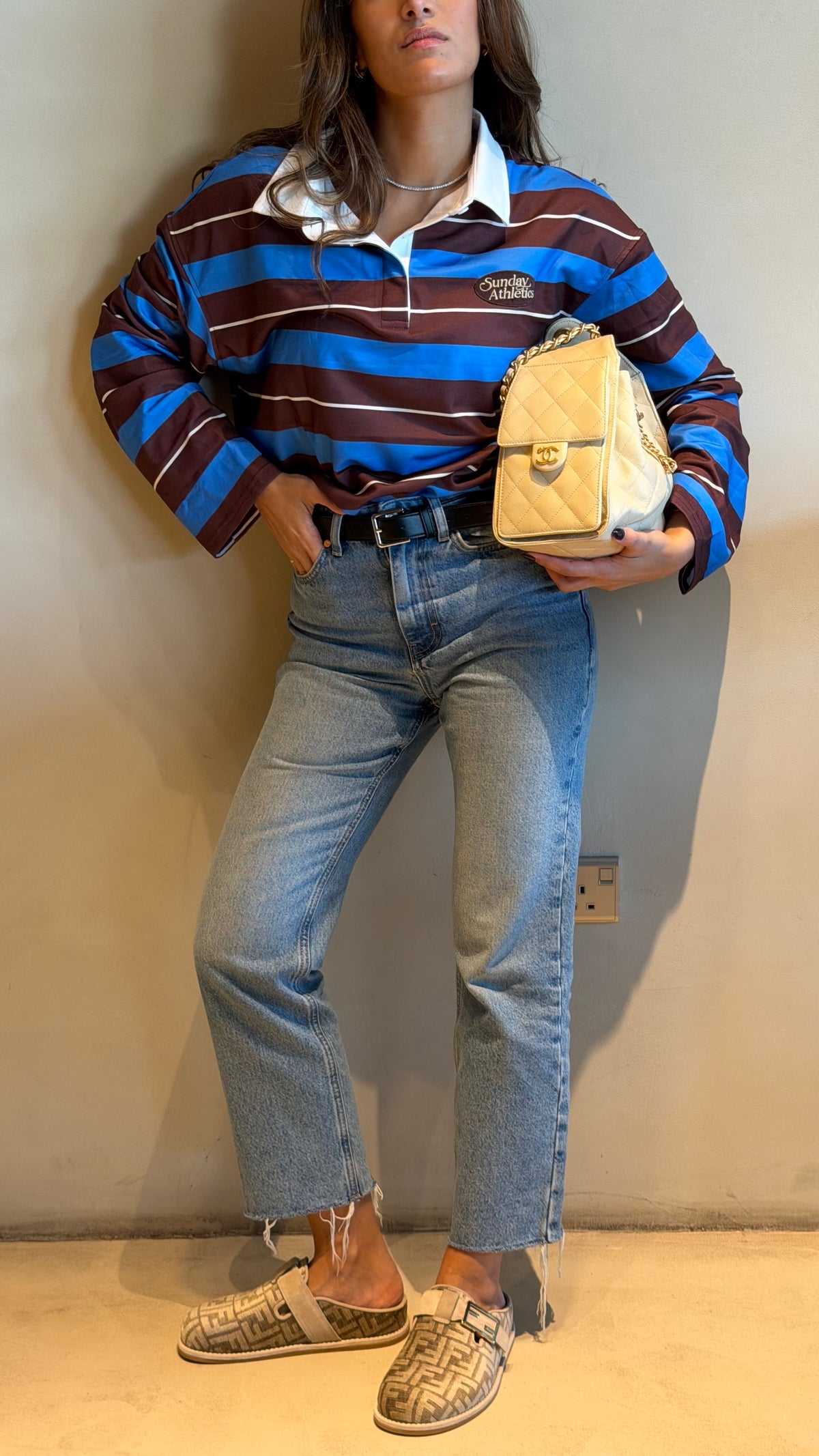 blue and brown rugby shirt