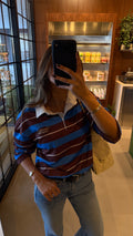 blue and brown rugby shirt